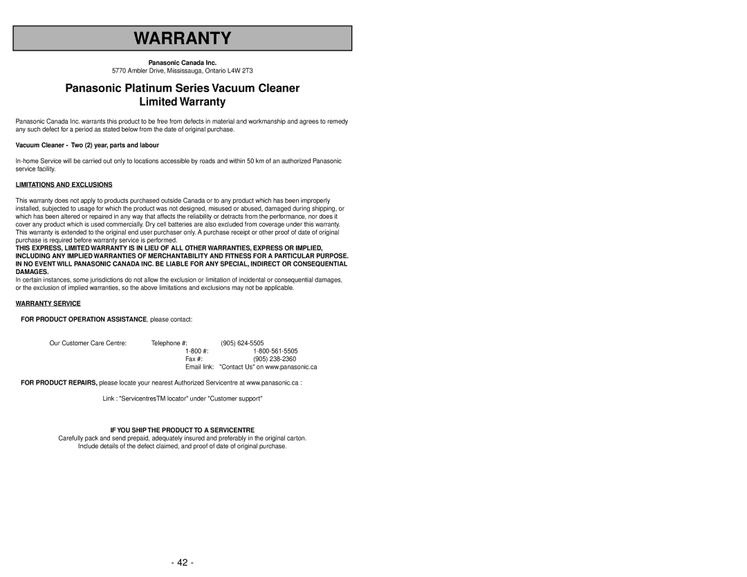 Panasonic MC-V5261 manuel dutilisation Limitations and Exclusions 