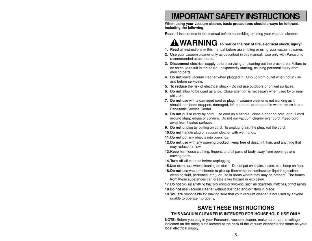 Panasonic MC-V5261 manuel dutilisation Important Safety Instructions 