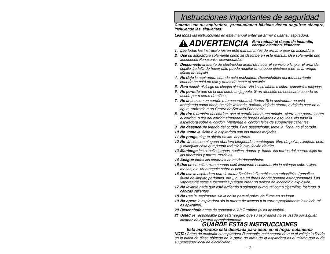 Panasonic MC-V5261 manuel dutilisation Instrucciones importantes de seguridad 