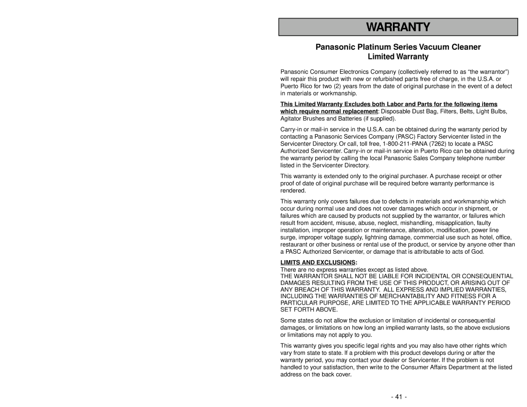 Panasonic MC-V5261 manuel dutilisation Table of Contents 