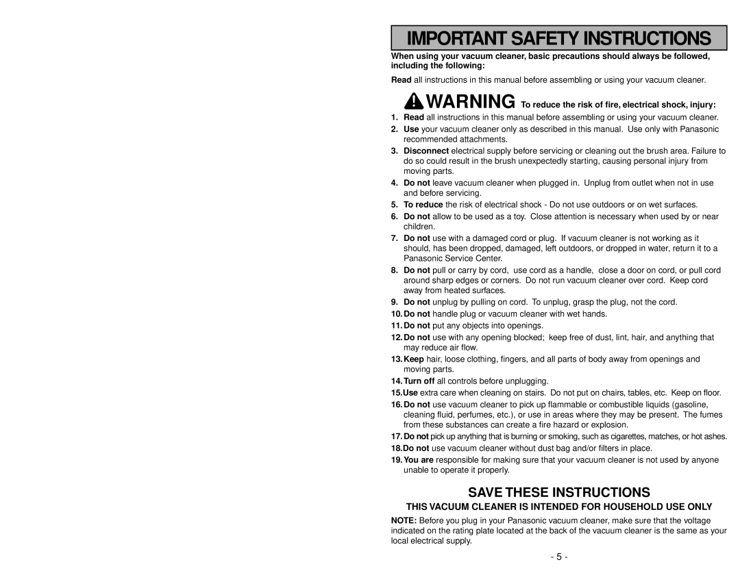 Panasonic MC-V5261 manuel dutilisation Save These Instructions, Important Safety Instructions 