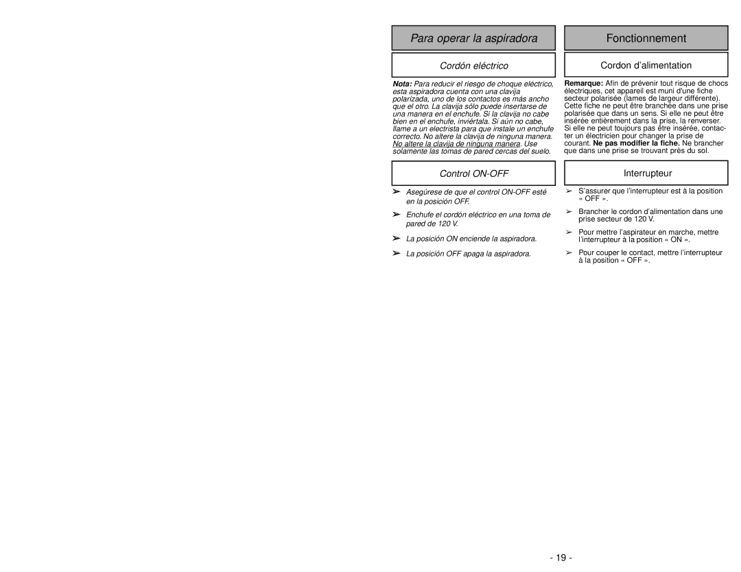 Panasonic MC-V5267 manuel dutilisation Para operar la aspiradora, Fonctionnement, Cordón eléctrico, Control ON-OFF 