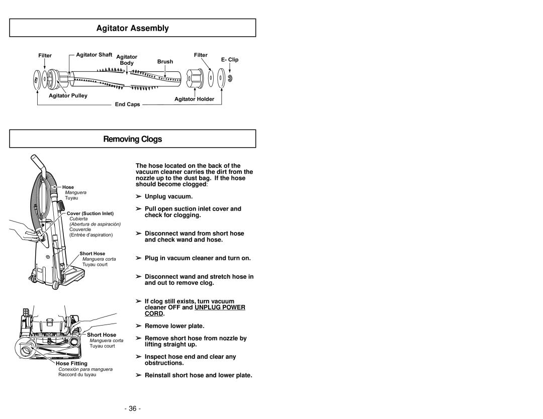 Panasonic MC-V5267 manuel dutilisation Agitator Assembly, Removing Clogs 