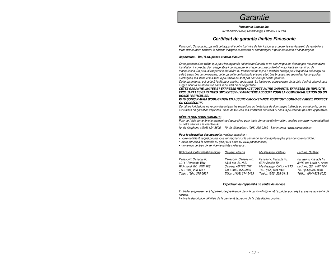 Panasonic MC-V5267 manuel dutilisation Garantie 