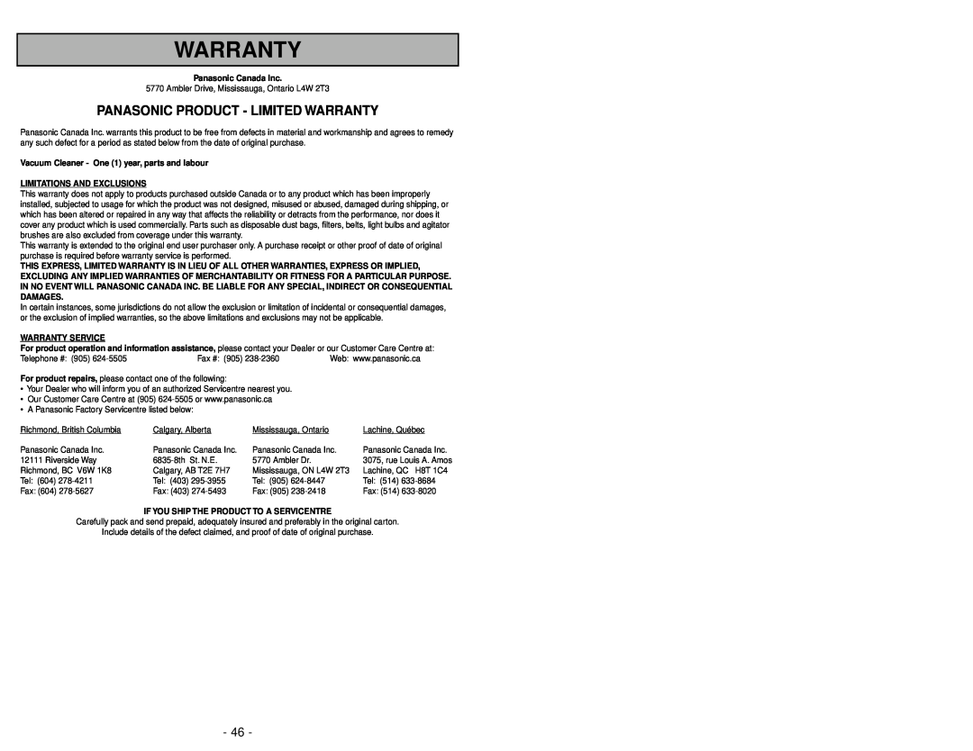 Panasonic MC-V5267 Panasonic Product - Limited Warranty, Panasonic Canada Inc, Limitations And Exclusions 