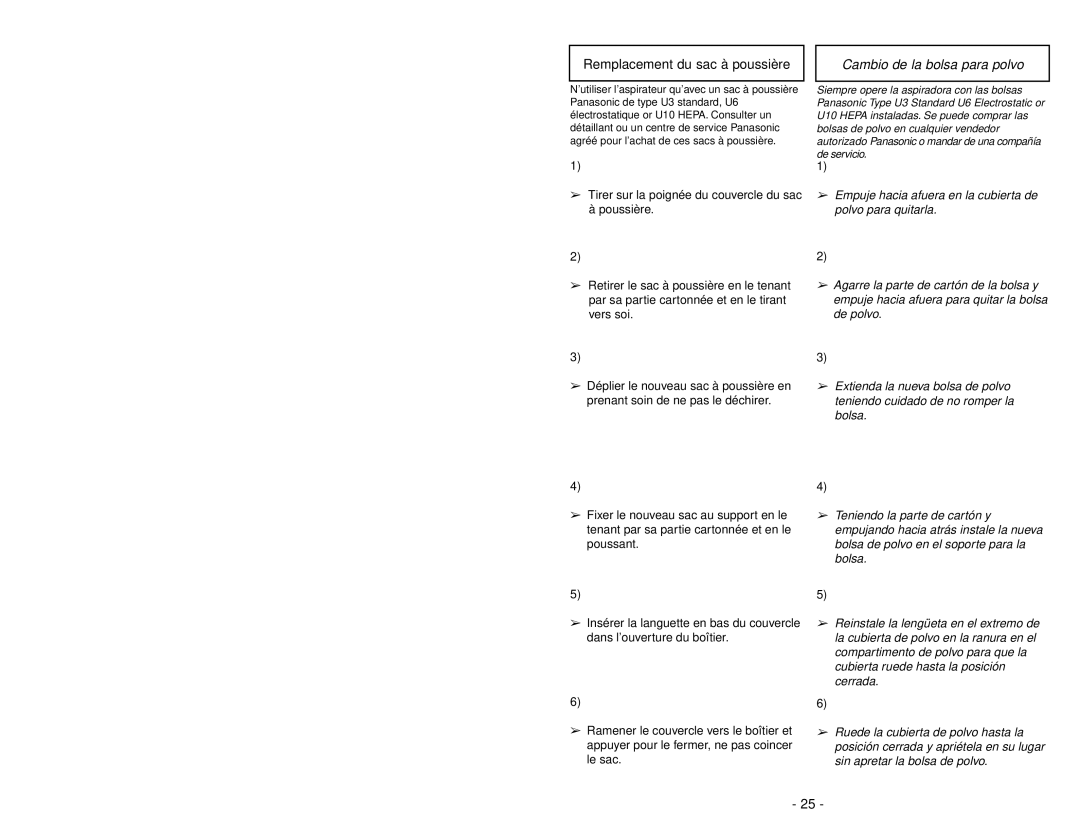 Panasonic MC-V5269 manuel dutilisation Remplacement du sac à poussière, Cambio de la bolsa para polvo 