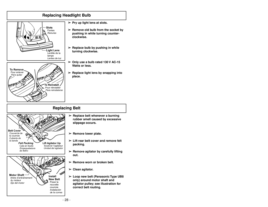 Panasonic MC-V5269 manuel dutilisation Replacing Headlight Bulb, Replacing Belt 