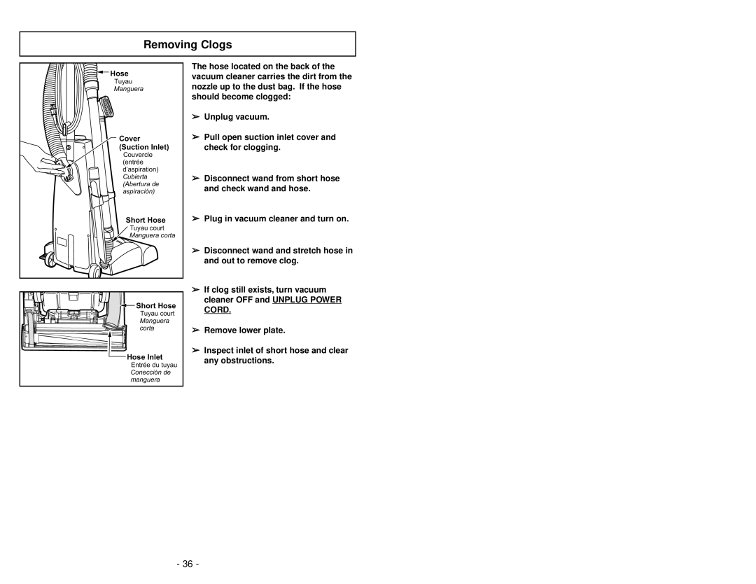 Panasonic MC-V5269 manuel dutilisation Removing Clogs 