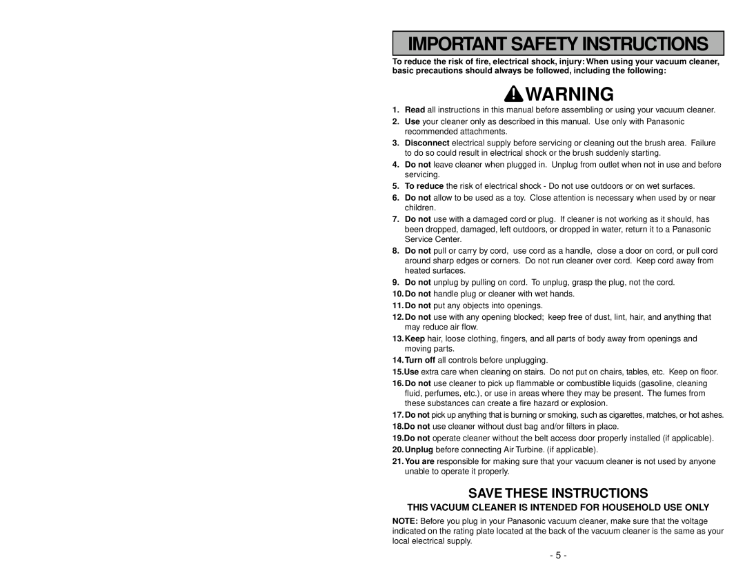 Panasonic MC-V5269 manuel dutilisation Important Safety Instructions, Save These Instructions 