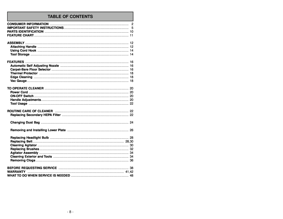 Panasonic MC-V5269 manuel dutilisation Table Of Contents 