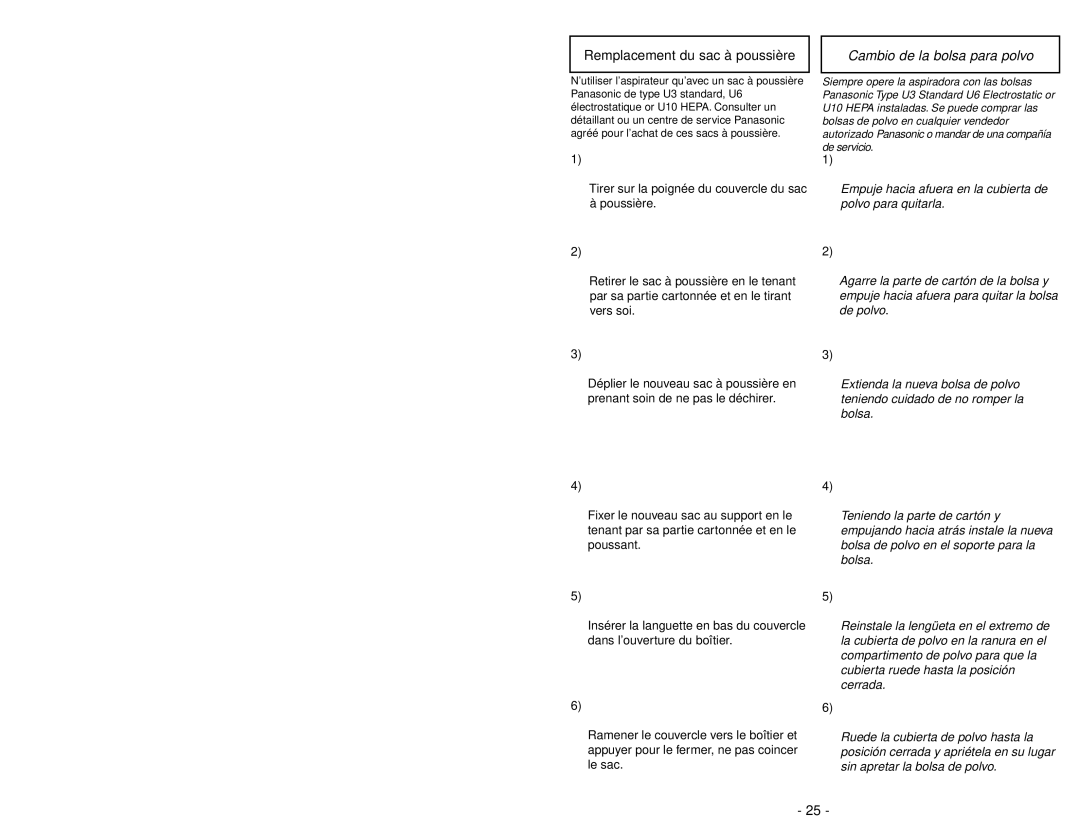 Panasonic MC-V5271 manuel dutilisation Remplacement du sac à poussière, Cambio de la bolsa para polvo 