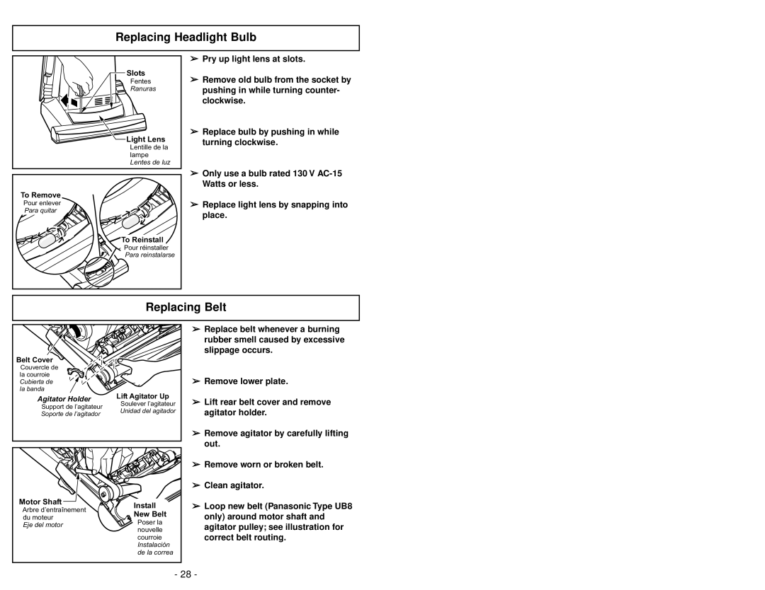 Panasonic MC-V5271 manuel dutilisation Replacing Headlight Bulb, Replacing Belt 