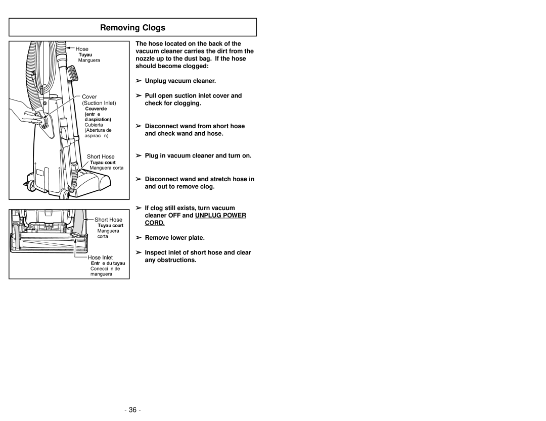 Panasonic MC-V5271 manuel dutilisation Removing Clogs 