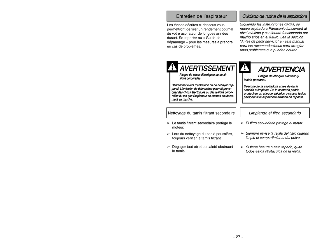 Panasonic MC-V5454 manuel dutilisation Routine Care of Cleaner, Cleaning Secondary Filter Screen 