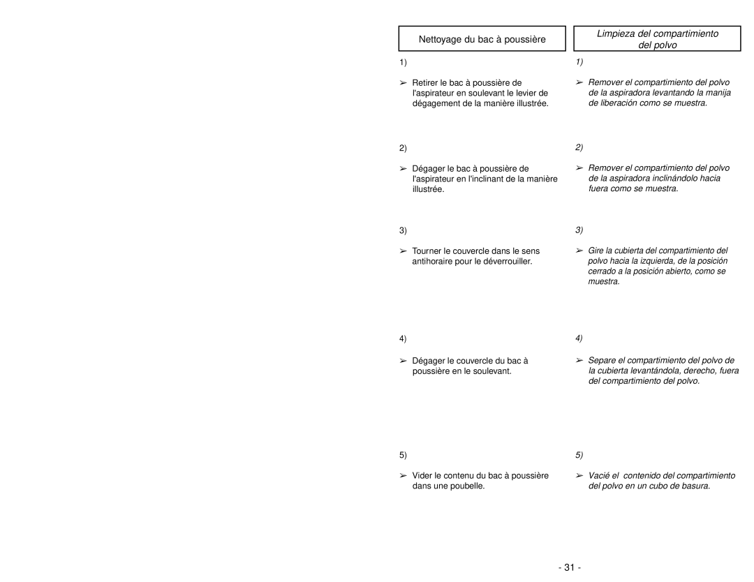 Panasonic MC-V5454 manuel dutilisation Nettoyage du bac à poussière, Limpieza del compartimiento Del polvo 