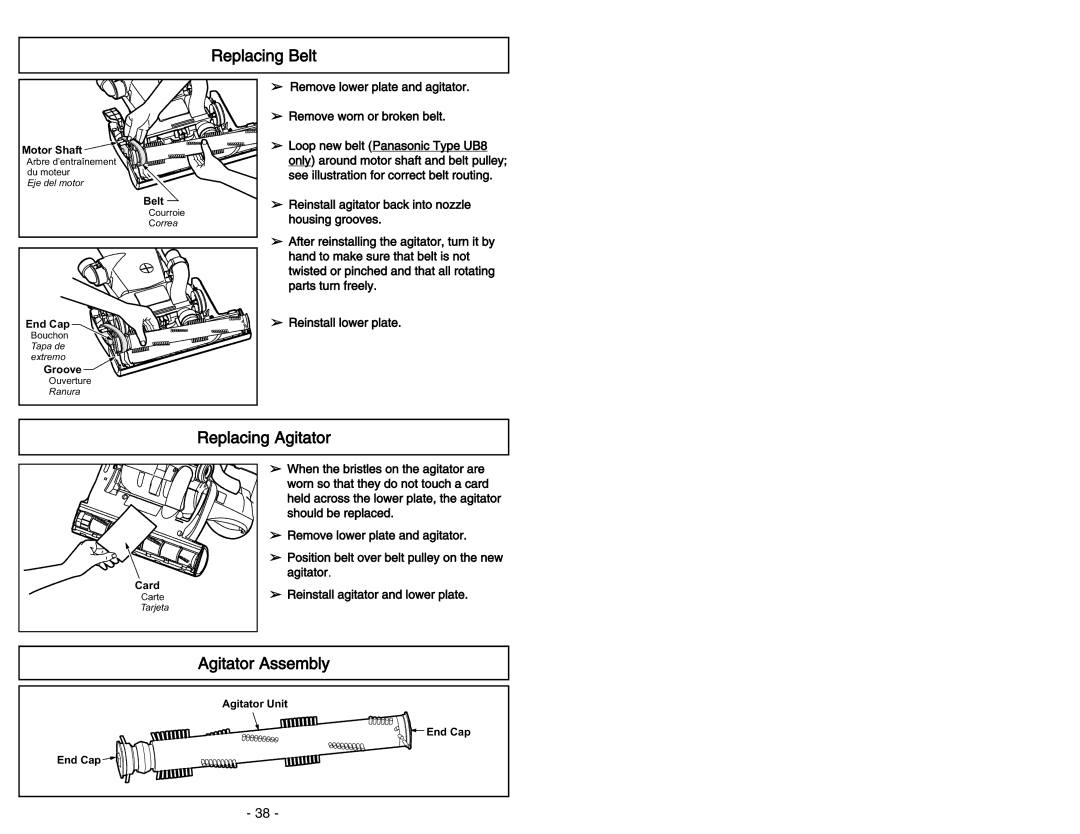 Panasonic MC-V5454 manuel dutilisation Replacing Belt, Replacing Agitator, Agitator Assembly 