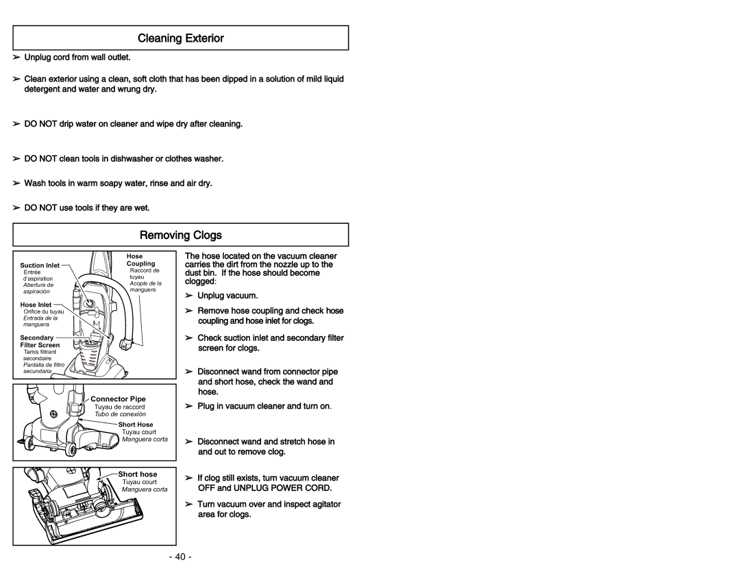 Panasonic MC-V5454 manuel dutilisation Cleaning Exterior, Removing Clogs 