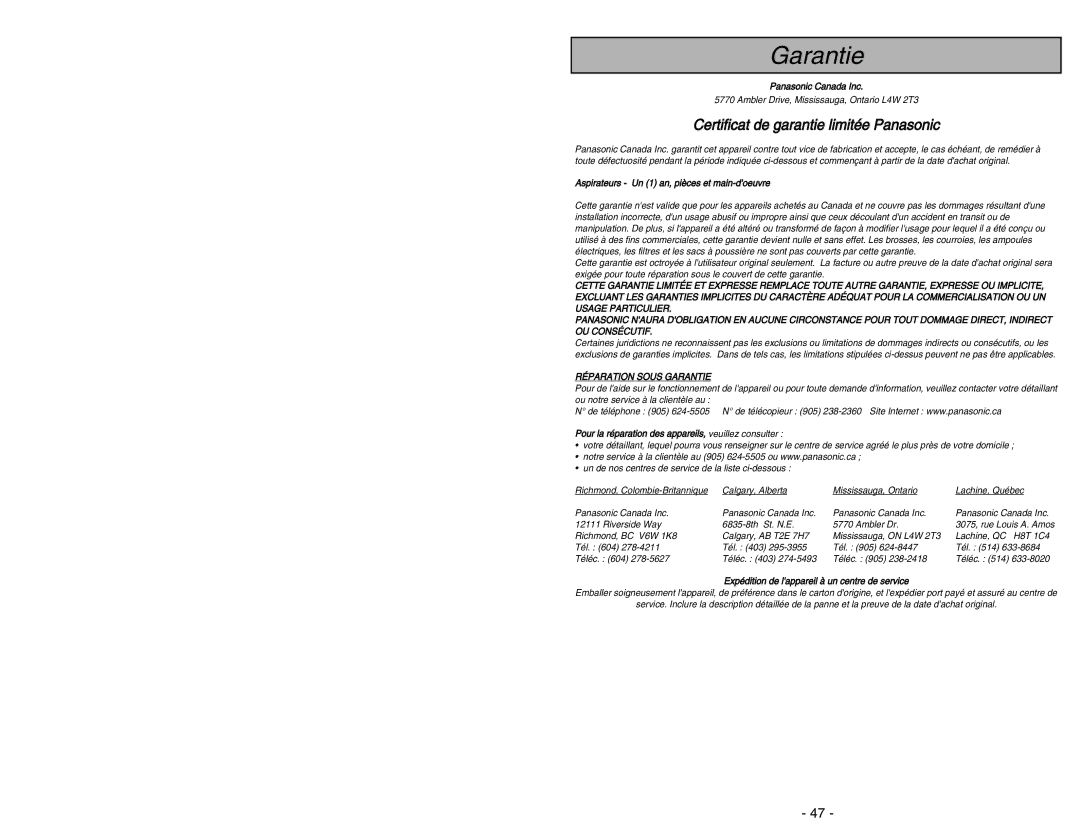 Panasonic MC-V5454 manuel dutilisation Garantie, Certificat de garantie limitée Panasonic 