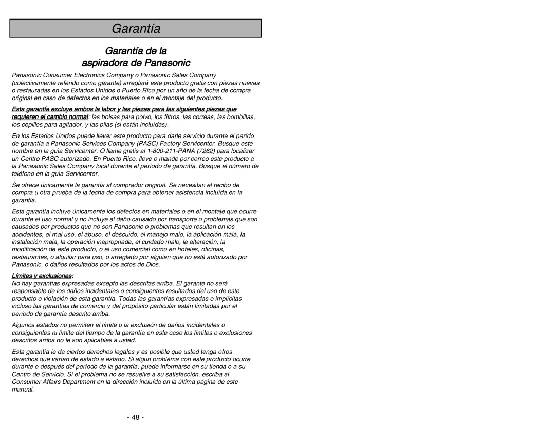 Panasonic MC-V5454 manuel dutilisation Garantía de la Aspiradora de Panasonic 