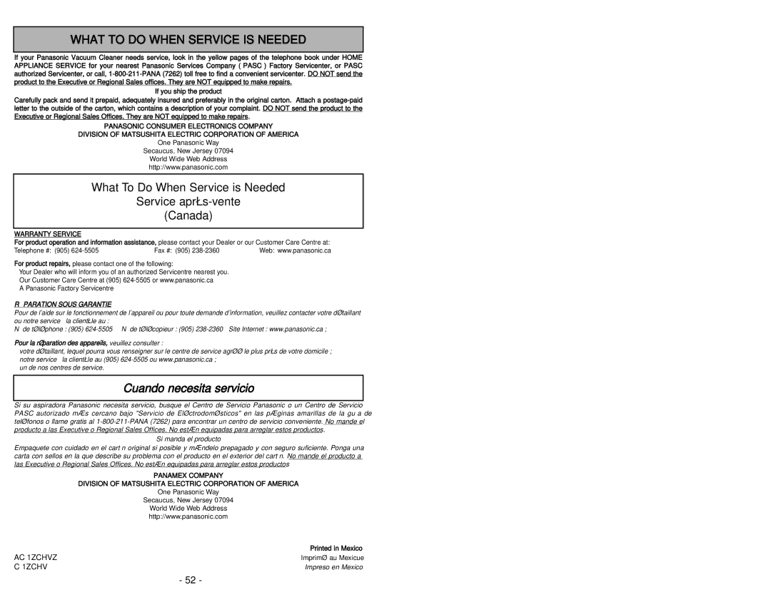 Panasonic MC-V5454 manuel dutilisation Cuando necesita servicio 