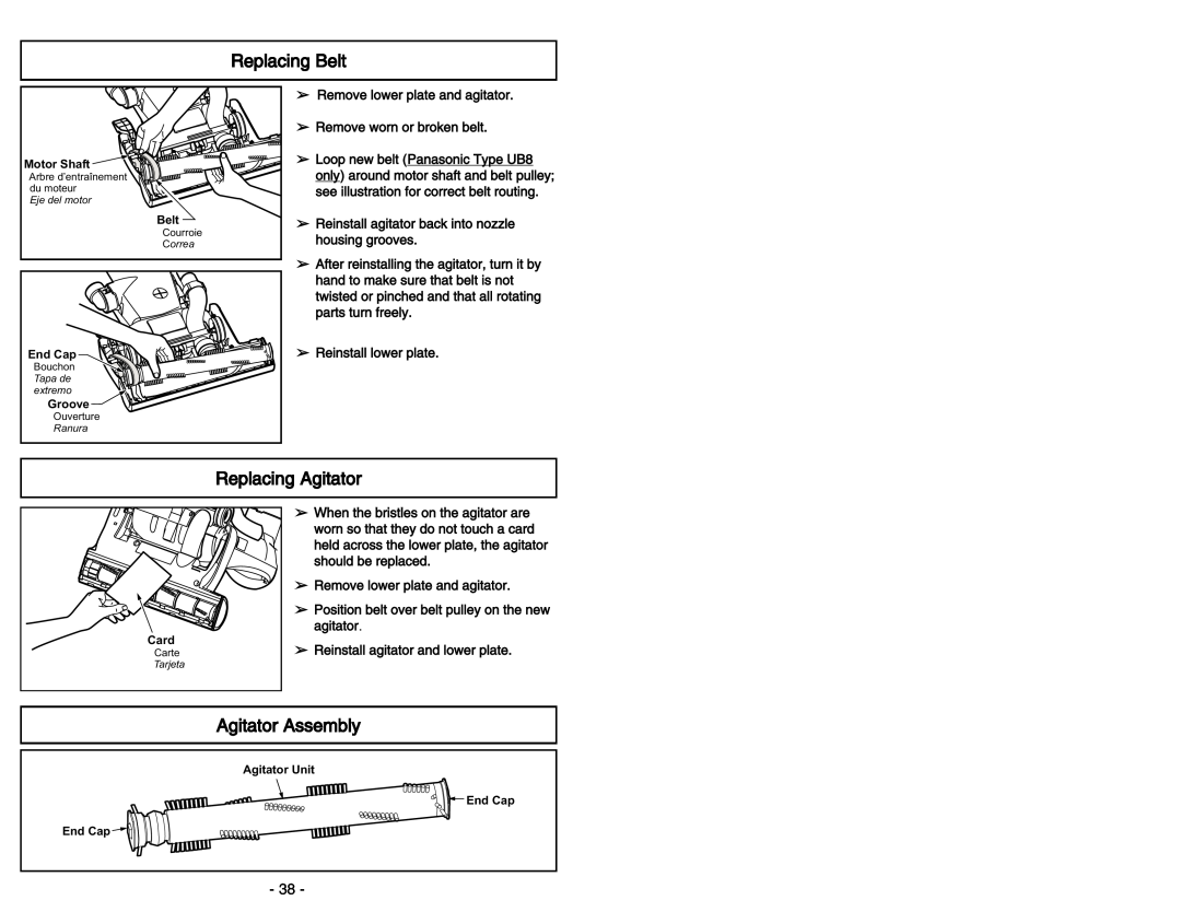 Panasonic MC-V5454 manuel dutilisation Replacing Belt, Replacing Agitator, Agitator Assembly 