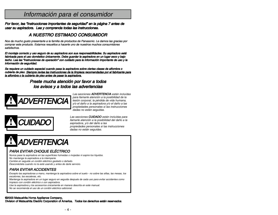 Panasonic MC-V5454 Advertencia, Información para el consumidor, A Nuestro Estimado Consumidor, Para Evitar Accidentes 