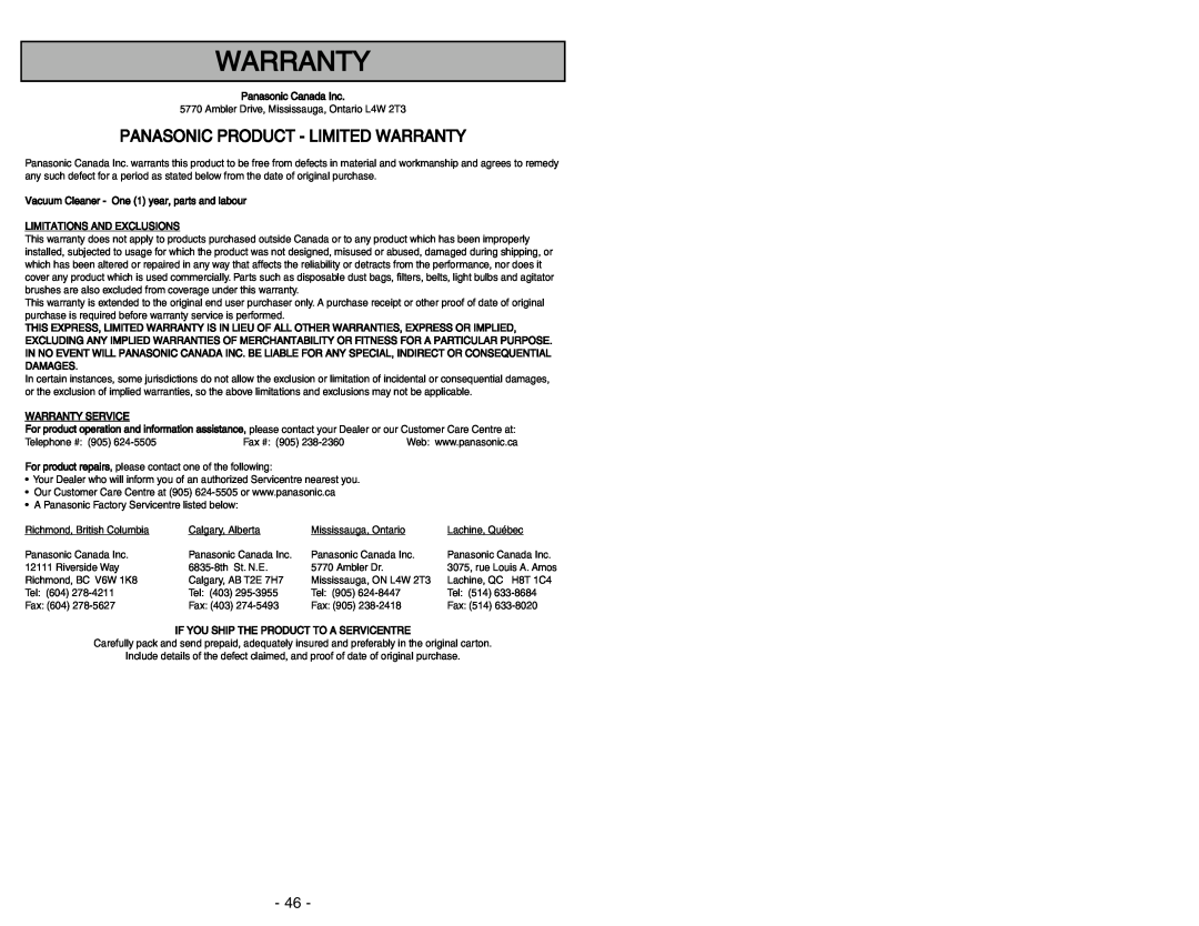 Panasonic MC-V5454 manuel dutilisation Panasonic Product - Limited Warranty 