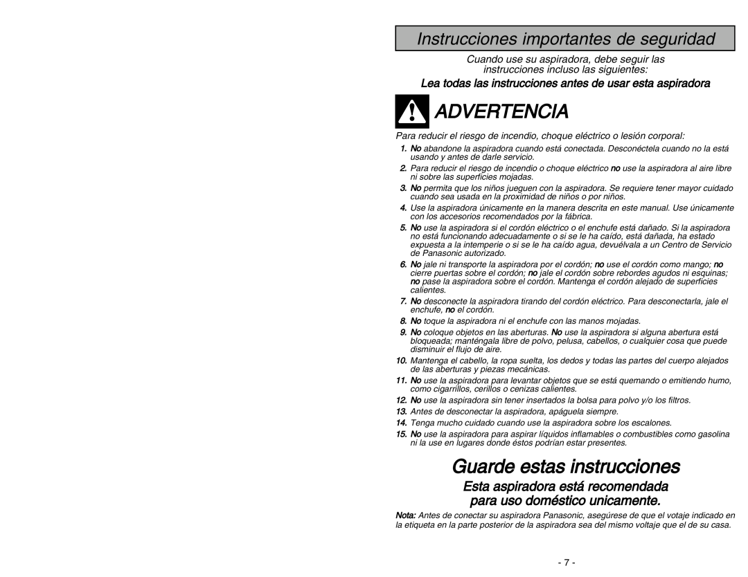 Panasonic MC-V5454 manuel dutilisation Advertencia, Guarde estas instrucciones, Instrucciones importantes de seguridad 