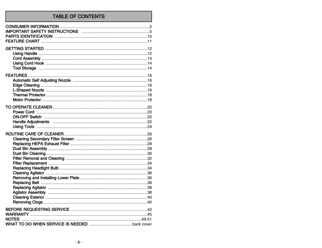 Panasonic MC-V5454 manuel dutilisation Table Of Contents 