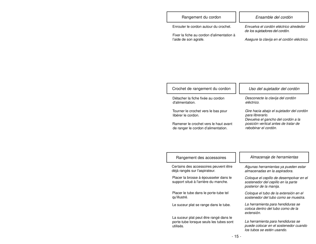 Panasonic MC-V5485 manuel dutilisation Ensamble del cordón, Uso del sujetador del cordón, Almacenaje de herramientas 