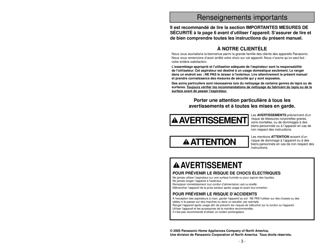 Panasonic MC-V5485 manuel dutilisation Avertissement 