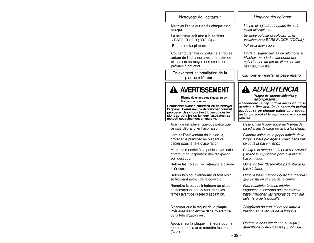 Panasonic MC-V5485 Nettoyage de l’agitateur, Limpieza del agitador, Enlèvement et installation de la Plaque inférieure 