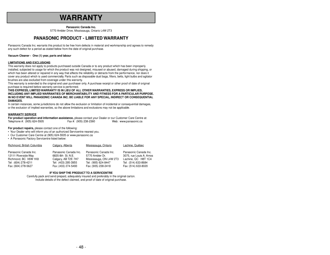 Panasonic MC-V5485 manuel dutilisation Panasonic Product Limited Warranty 