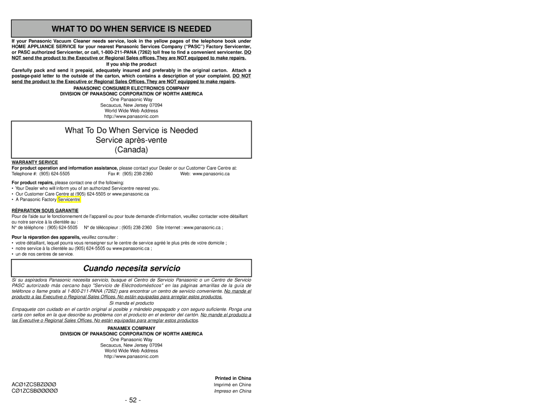 Panasonic MC-V5485 manuel dutilisation Cuando necesita servicio 