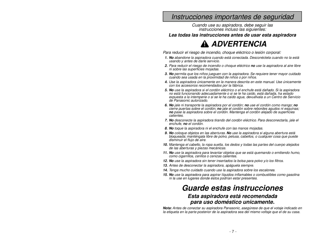 Panasonic MC-V5485 manuel dutilisation Advertencia 