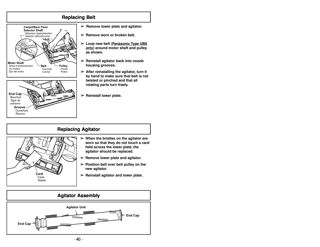 Panasonic MC-V5485 manuel dutilisation Replacing Belt, Replacing Agitator, Agitator Assembly 
