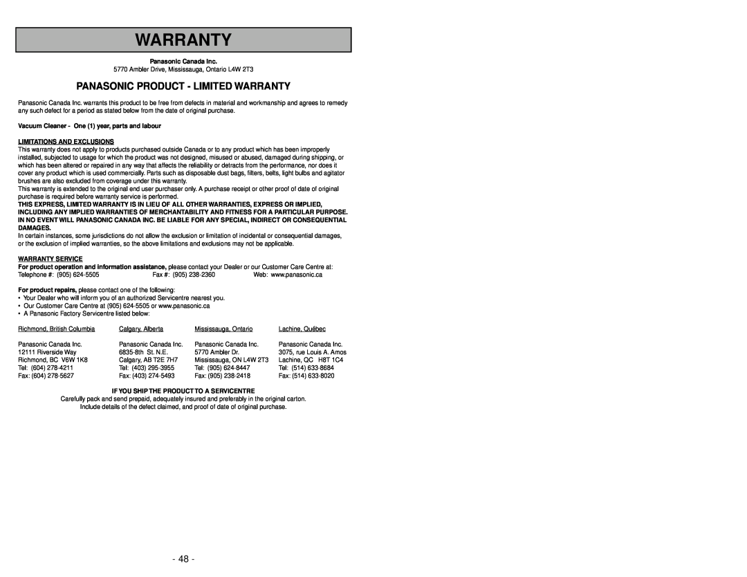 Panasonic MC-V5485 Panasonic Product - Limited Warranty, Panasonic Canada Inc, Limitations And Exclusions 