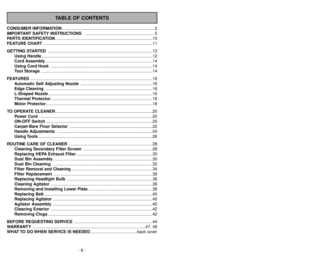 Panasonic MC-V5485 manuel dutilisation Table Of Contents, back cover 