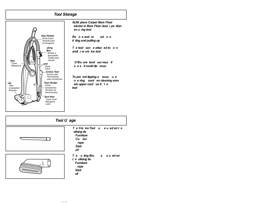 Panasonic MC-V5745 manuel dutilisation Tool Storage, Tool Usage 