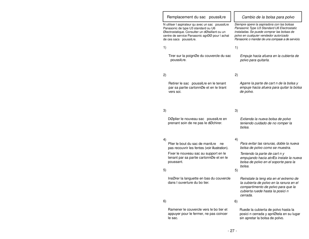 Panasonic MC-V5745 manuel dutilisation Remplacement du sac à poussière, Cambio de la bolsa para polvo 