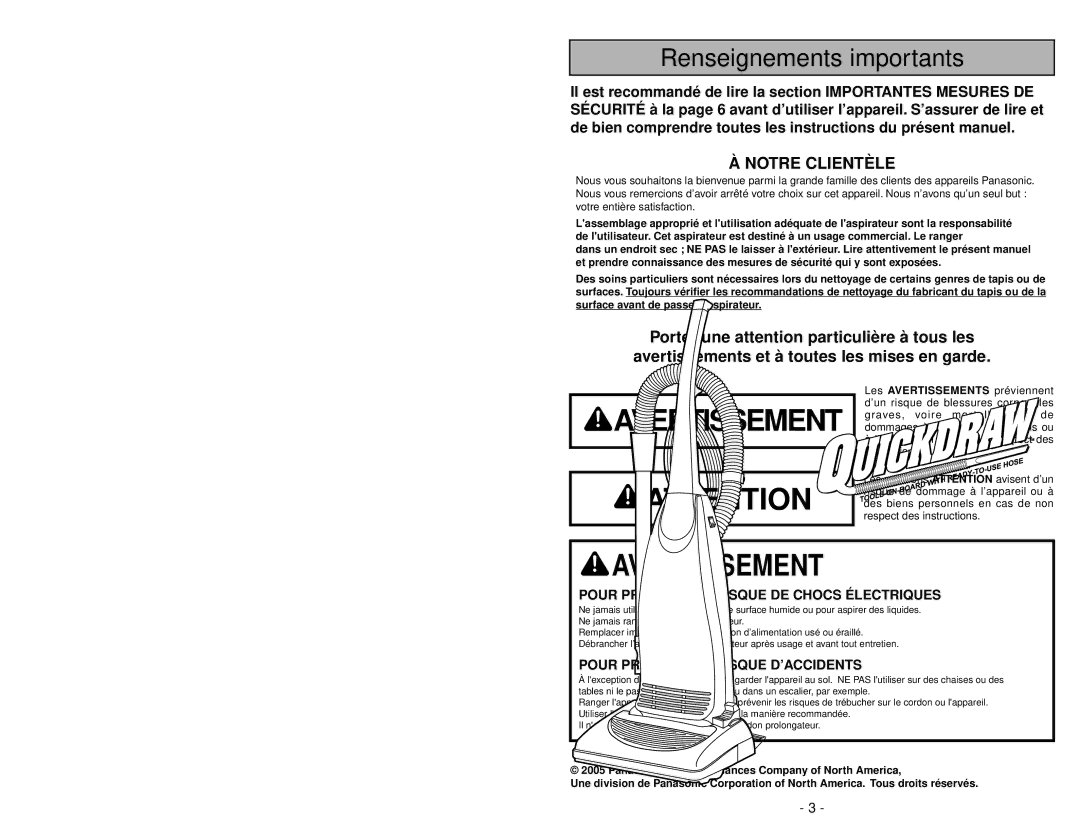 Panasonic MC-V5745 manuel dutilisation Renseignements importants, Notre Clientèle 