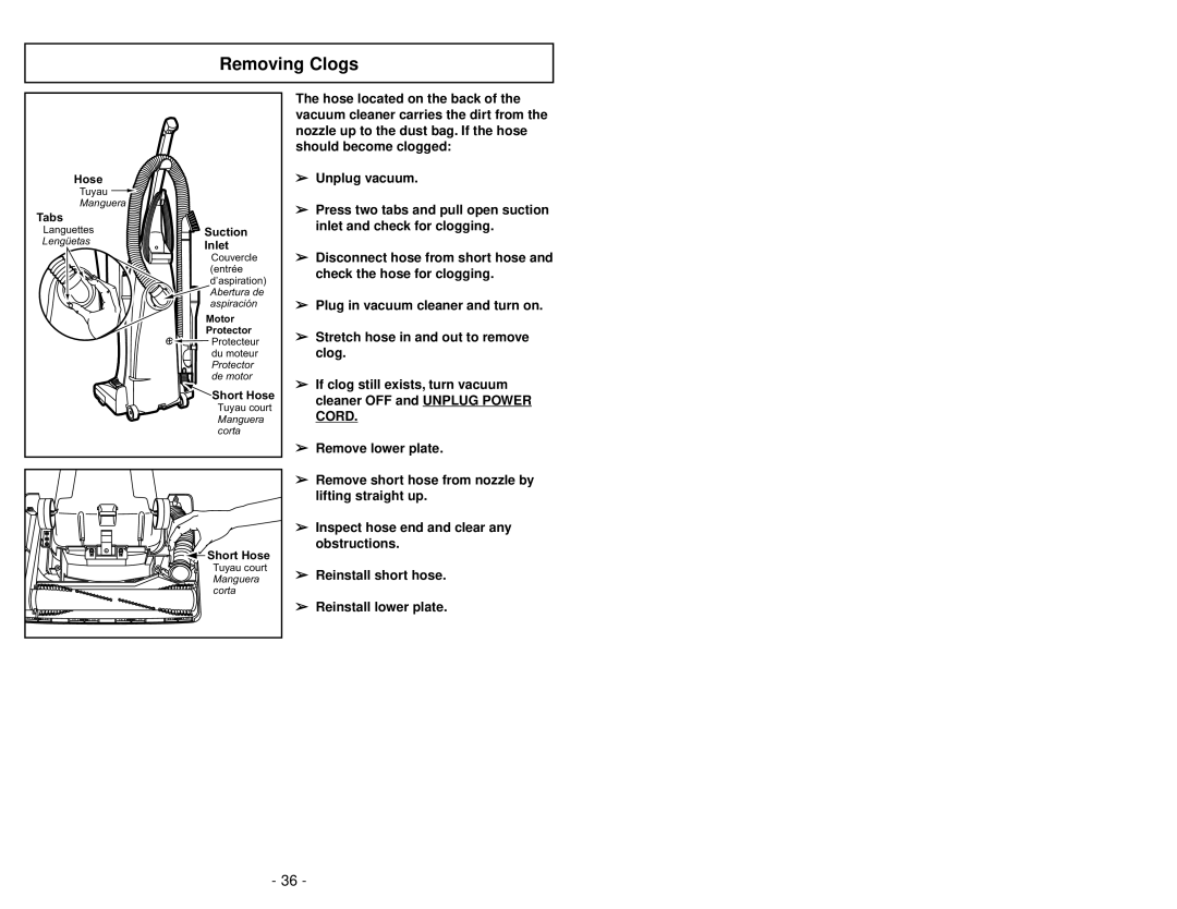 Panasonic MC-V5745 manuel dutilisation Removing Clogs, Suction Inlet 