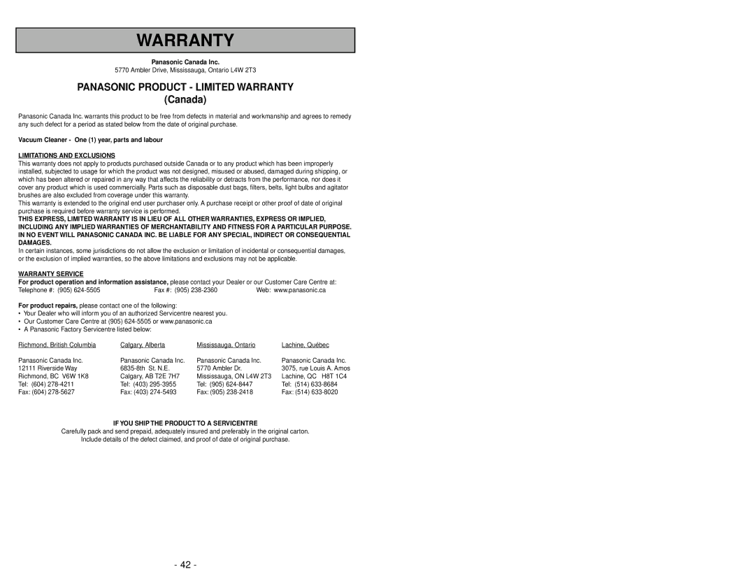 Panasonic MC-V5745 manuel dutilisation Panasonic Product Limited Warranty 