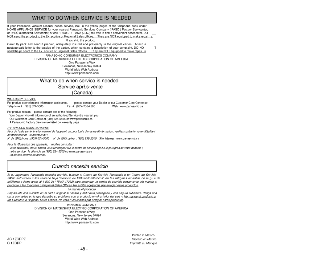 Panasonic MC-V5745 What to do When Service is Needed, What to do when service is needed Service après-vente Canada 