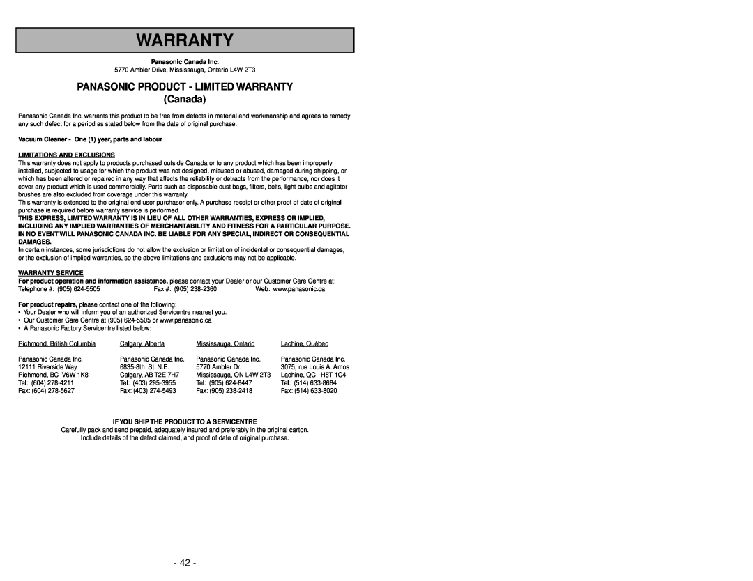Panasonic MC-V5745 PANASONIC PRODUCT - LIMITED WARRANTY Canada, Warranty, Panasonic Canada Inc, Limitations And Exclusions 