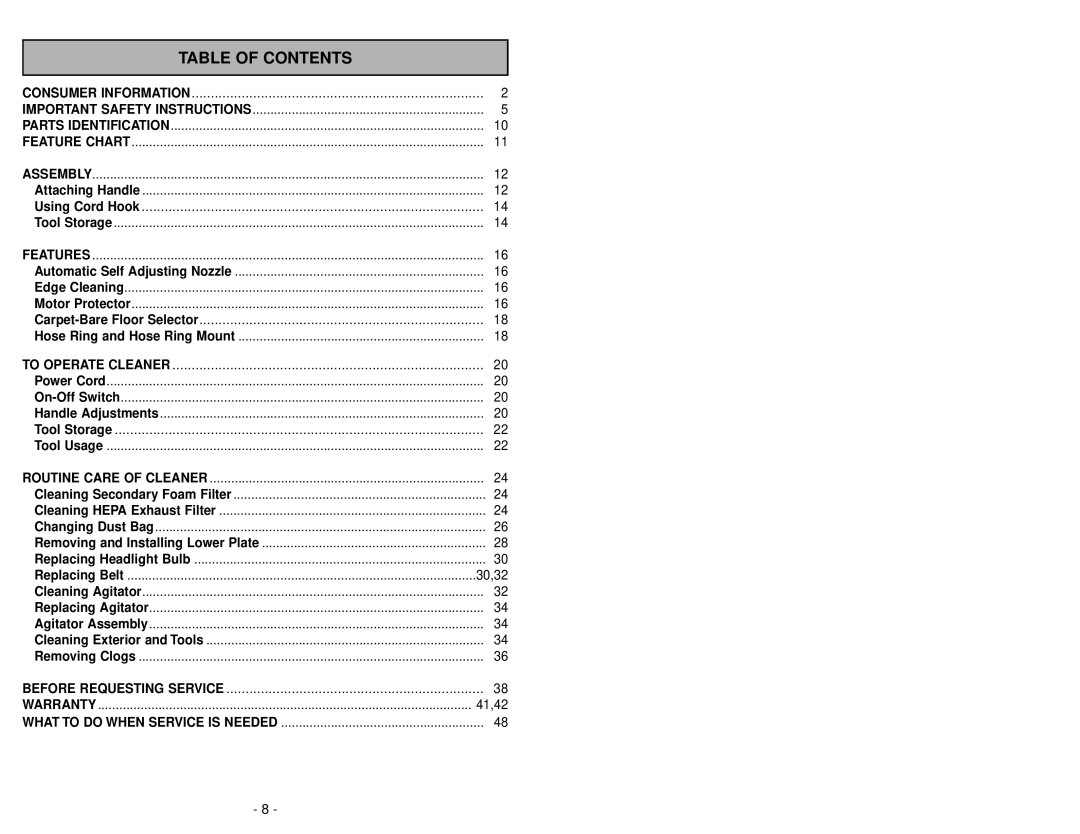 Panasonic MC-V5745 manuel dutilisation Table Of Contents 