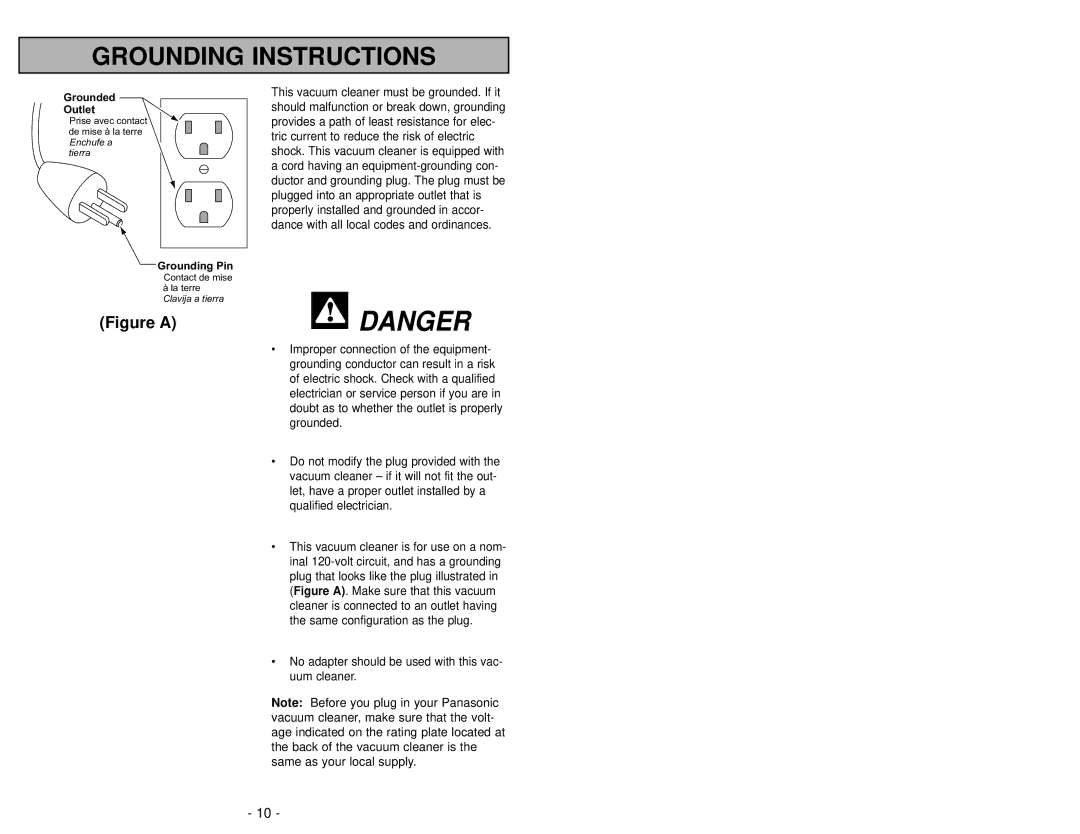 Panasonic MC-V6603 operating instructions Grounding Instructions 