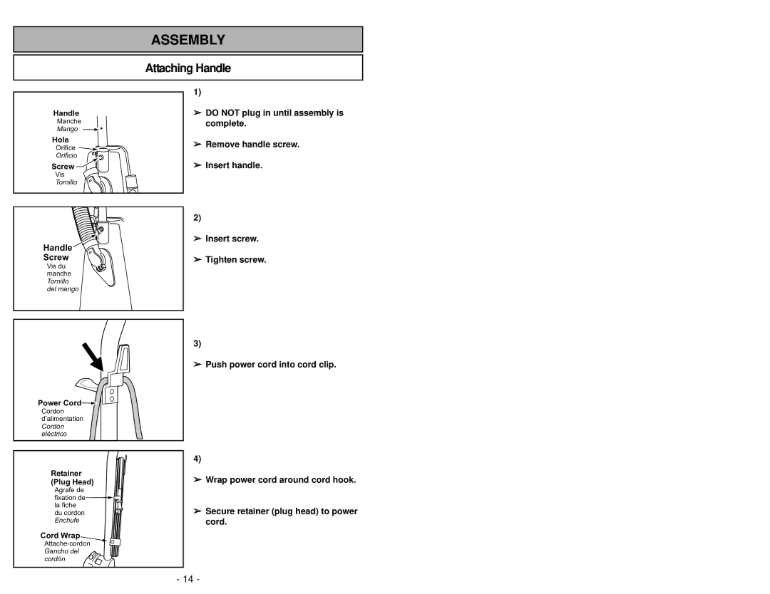 Panasonic MC-V6603 operating instructions Assembly, Attaching Handle 