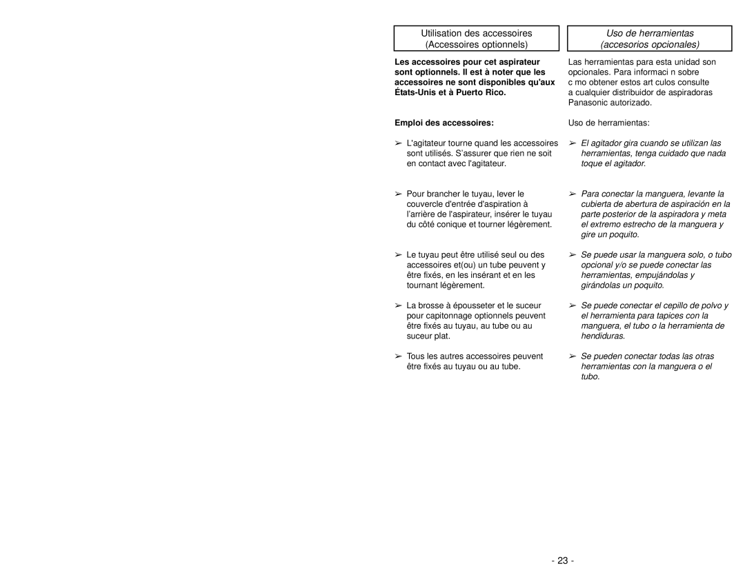 Panasonic MC-V6603 operating instructions Uso de herramientas Accesorios opcionales 