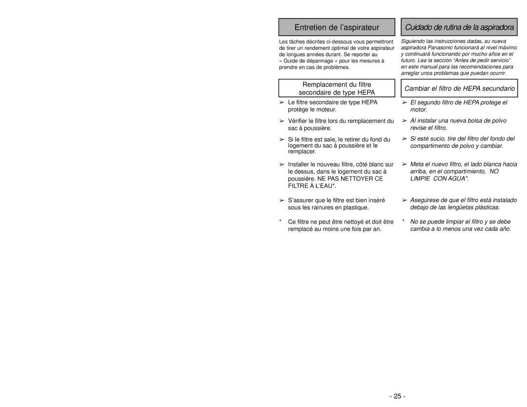 Panasonic MC-V6603 operating instructions Entretien de l’aspirateur, Cambiar el filtro de Hepa secundario 